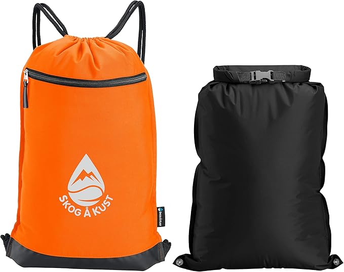 Skog Å Kust GymSak | Patented 2-in-1 Drawstring Cinch Bag with Removable Waterproof Dry Bag | Orange