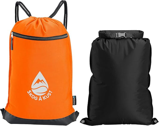 Skog Å Kust GymSak | Patented 2-in-1 Drawstring Cinch Bag with Removable Waterproof Dry Bag | Orange