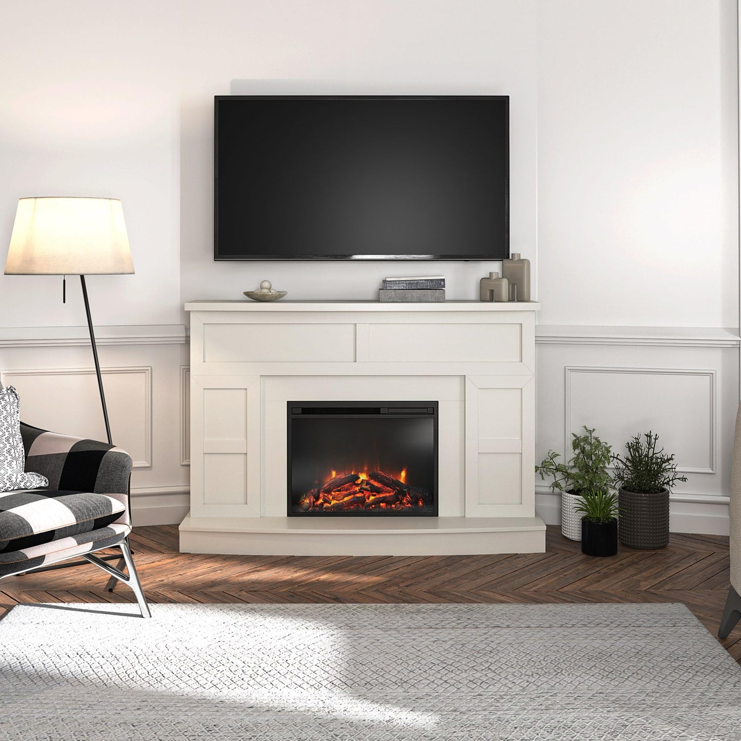 Ameriwood Home Barrow Creek 53.5 Inch Electric Fireplace with Mantel, Replaceable Fireplace Insert Heater, Remote Control, Timer, Realistic Log and Flame Effect, for Living Room or Bedroom, White
