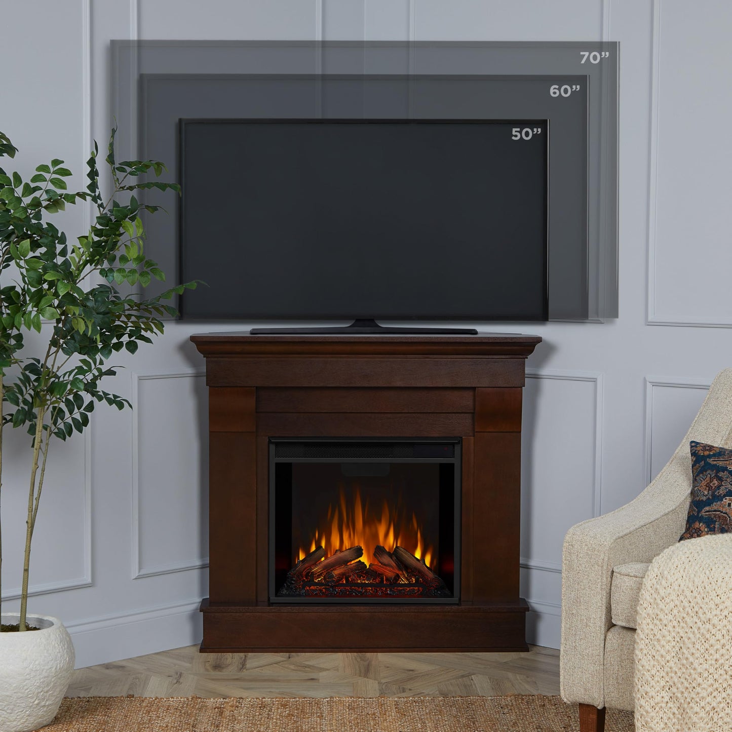 Real Flame Chateau 41" Corner Electric Fireplace with Mantel for Living Room or Bedroom, Replaceable Fireplace Insert Heater, Realistic Log and Flame Effect, Remote Control, Timer.