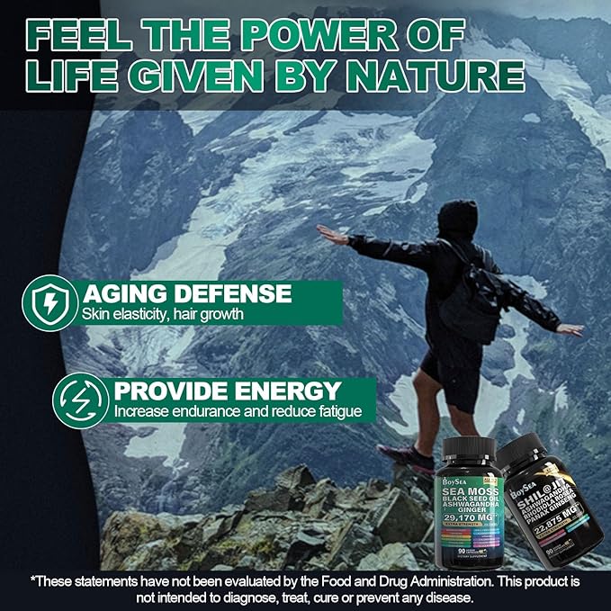 Boysea.Shilajit and Sea Moss Bundle- 90 Count - Sea Moss 7000mg, Black Seed Oil 4000mg, Ashwagandha 2000mg, Ginger & Shilajit 9000mg, Rhodiola Rosea 1000mg, All in 1 Supplements (1 Pack)