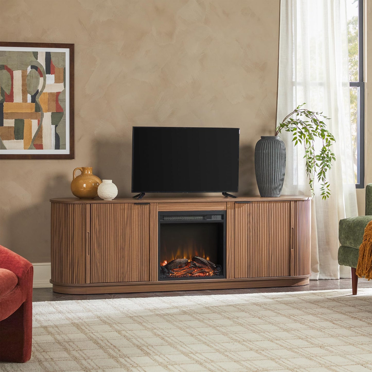 Walker Edison Chloe Reeded TV Stand with Fireplace Insert, 75 Inch, 70 Inch, Mocha