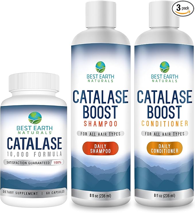 Best Earth Naturals Catalase Formula Starter Set with 60 Capsules of Catalase 10,000 Shampoo 8 Ounces and Conditioner 8 Ounces