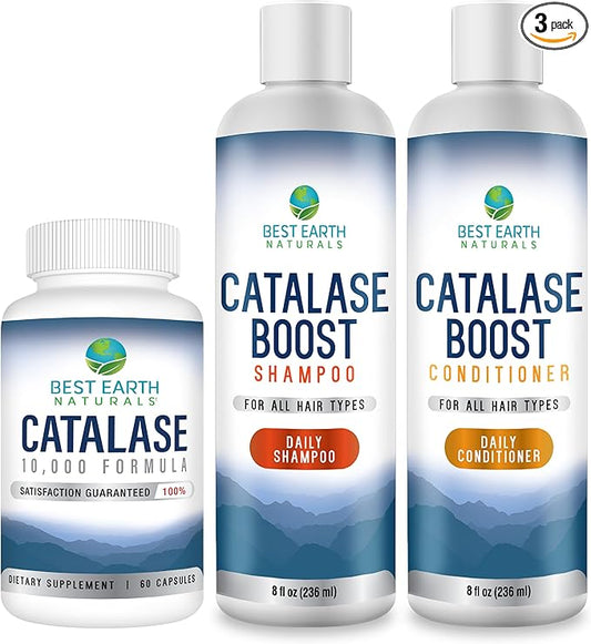 Best Earth Naturals Catalase Formula Starter Set with 60 Capsules of Catalase 10,000 Shampoo 8 Ounces and Conditioner 8 Ounces