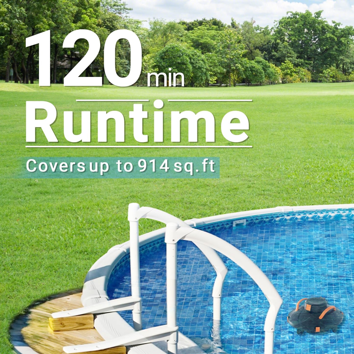 Cordless Robotic Pool Cleaner, Lasts 120 Min, Smart Sensor, Automatic Vacuum for Above-Ground Pools up to 914 Sq.ft, Portable
