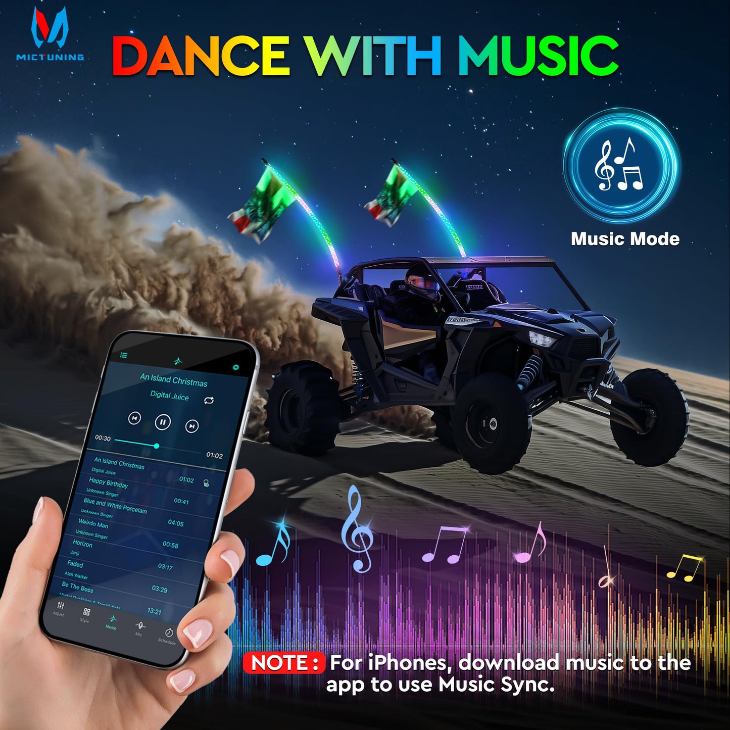 MICTUNING 2pc 3ft Spiral LED Whip Lights with 8 Flags, RF Remote and App Control, RGB Chasing Lighted with Rocker Switch, Music Synced Whips Lights Kit for UTV ATV Polaris RZR Can-Am