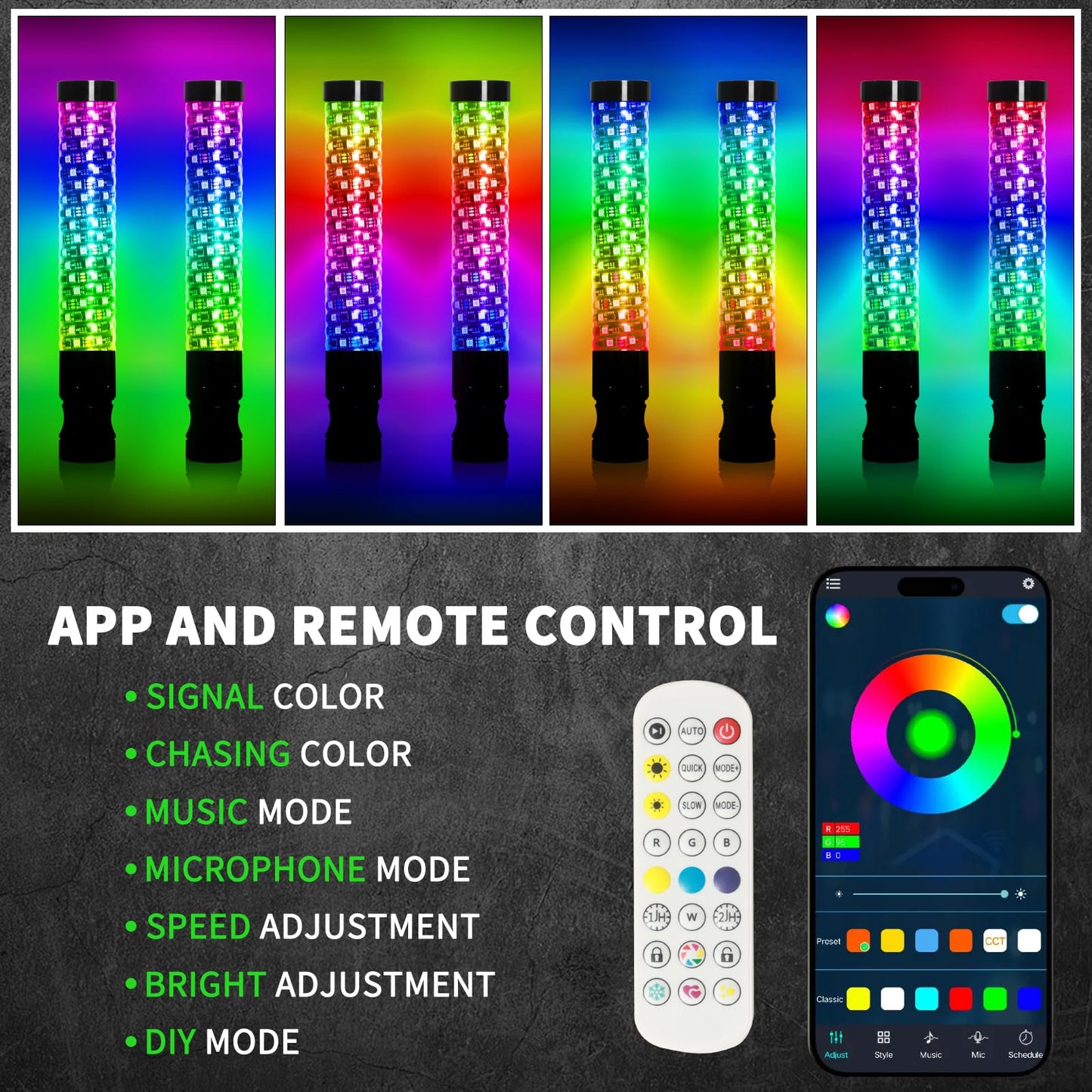 2PCS 2FT Fat Whip Lights with Function-Remote&APP Control Compatible with UTV ATV RZR Polaris Buggy Offroad Truck Accessories RGB Chasing Dancing Lighted Antenna Whips