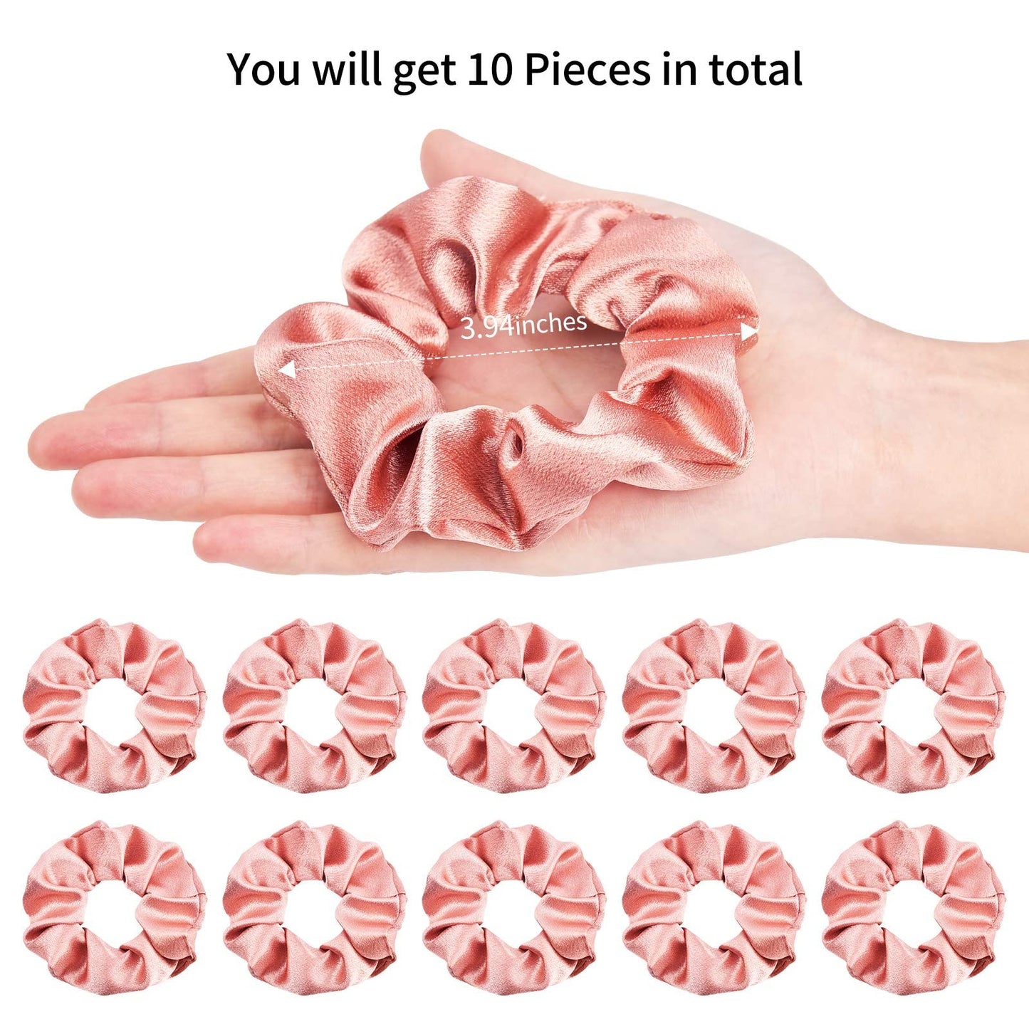 CEELGON Satin Silk Bridesmaid Scrunchies for Hair Big Scrunchies Satin Hair Ties Hair Scrunchie 10 Pack (Rose Gold)