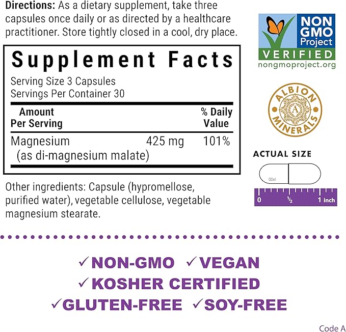 Bluebonnet Nutrition Magnesium Malate Vegetable Capsules - Supports Energy, Muscle & Joint Health - Non-GMO, Vegan, Kosher Certified, Gluten-Free, 90 Count