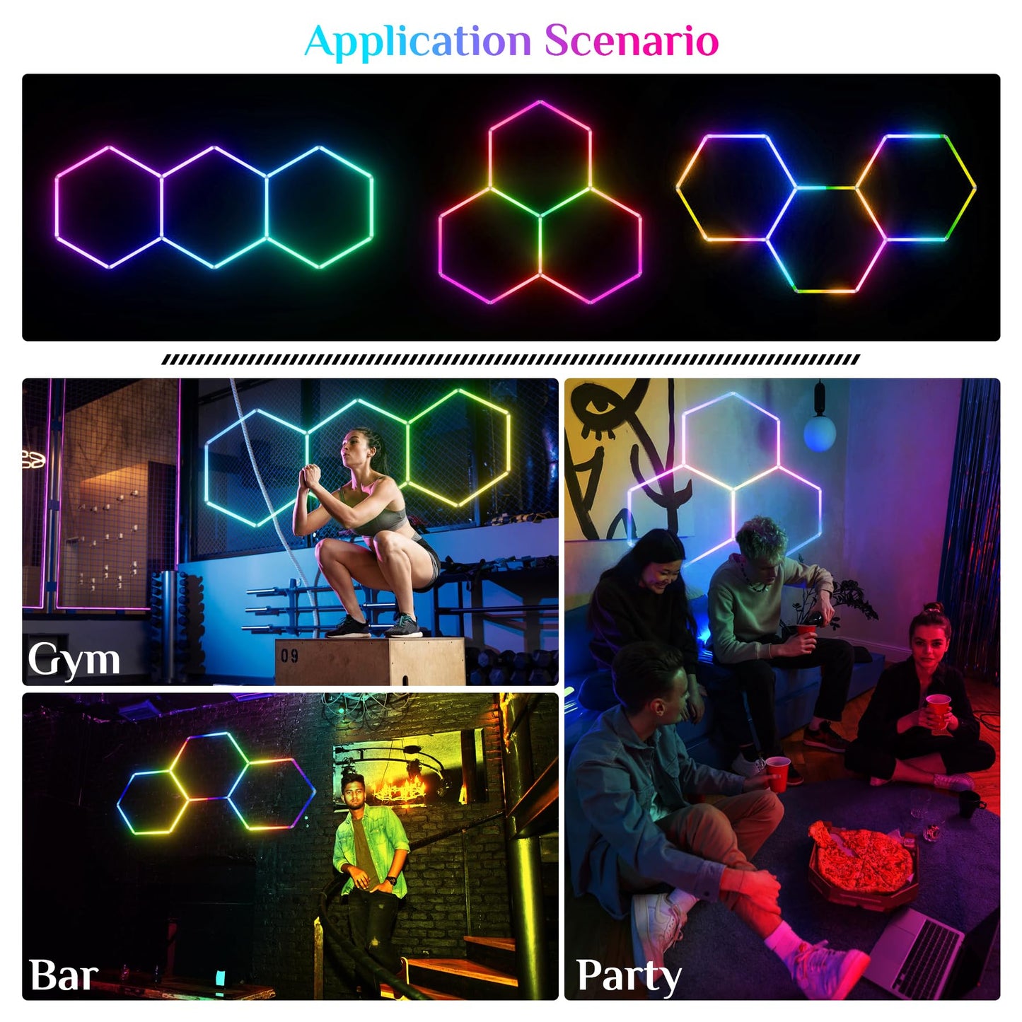 RGB Hexagon Lights - 4 Music Modes Hexagon LED Lights Dimmable, 358 Color Modes, Remote Control, IP54 Waterproof, DIY for Gaming Room, Gym, Party, Bar