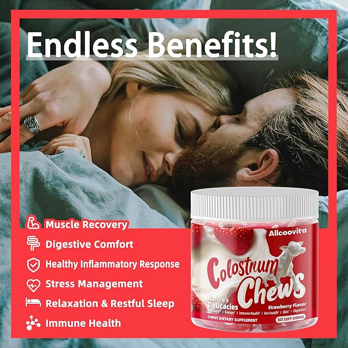 Bovine Colostrum Chews Supplement with probiotics for Gut Health, Bloating, Immune Support, Skin, Hair Growth and Beauty - Strawberry Flavor (60 Servings)