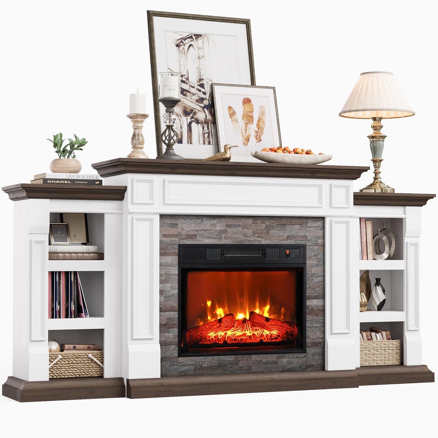 Naice 72" Electric Fireplace with Mantel and Cabinets, Fireplace TV Stand for Living Room Bedroom, Stacked Stone Surround and Remote Control 3D Realistic Flame