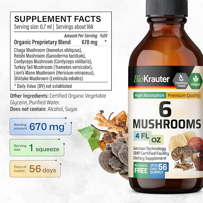 BIO KRAUTER 6 Mushrooms Supplement 6-in-1 - Lions Mane, Shiitake,Turkey Tail, Cordyceps, Reishi & Chaga Liquid Extract - Mushroom Complex Tincture - Vegan Drops 4 Fl.Oz.