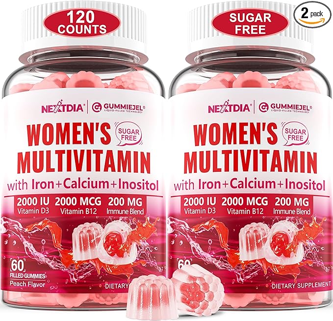 (2 Pack) Sugar Free Methylated Multivitamin for Women Gummies with Calcium, D3 K2, Inositol, Folate, Biotin, Iron, Vitamin A, C, E, B Complex - Multi Vitamins & Minerals - Energy, Immune, Bone - Vegan