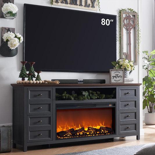 Fireplace TV Stand for TVs up to 80 Inches with 36" Electric Fireplace, 31" Farmhouse Tall Entertainment Center w/Drawer & Adjustable Shelves, Large Media Console for Living Room, 70inch, Dark Grey