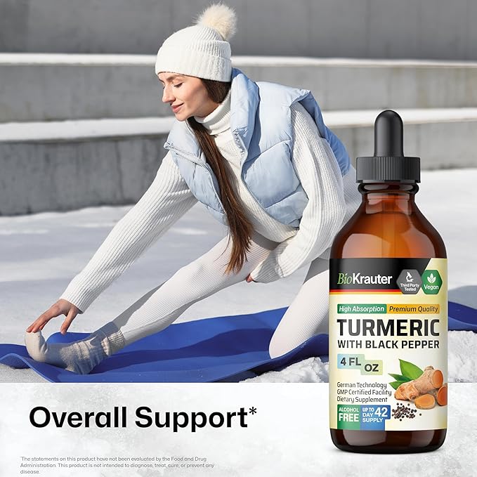 BIO KRAUTER Turmeric Supplement Tincture - 1200 mg Turmeric Curcumin with Black Pepper Extract - Alcohol and Sugar Free - Vegan Drops 4 Fl.Oz.