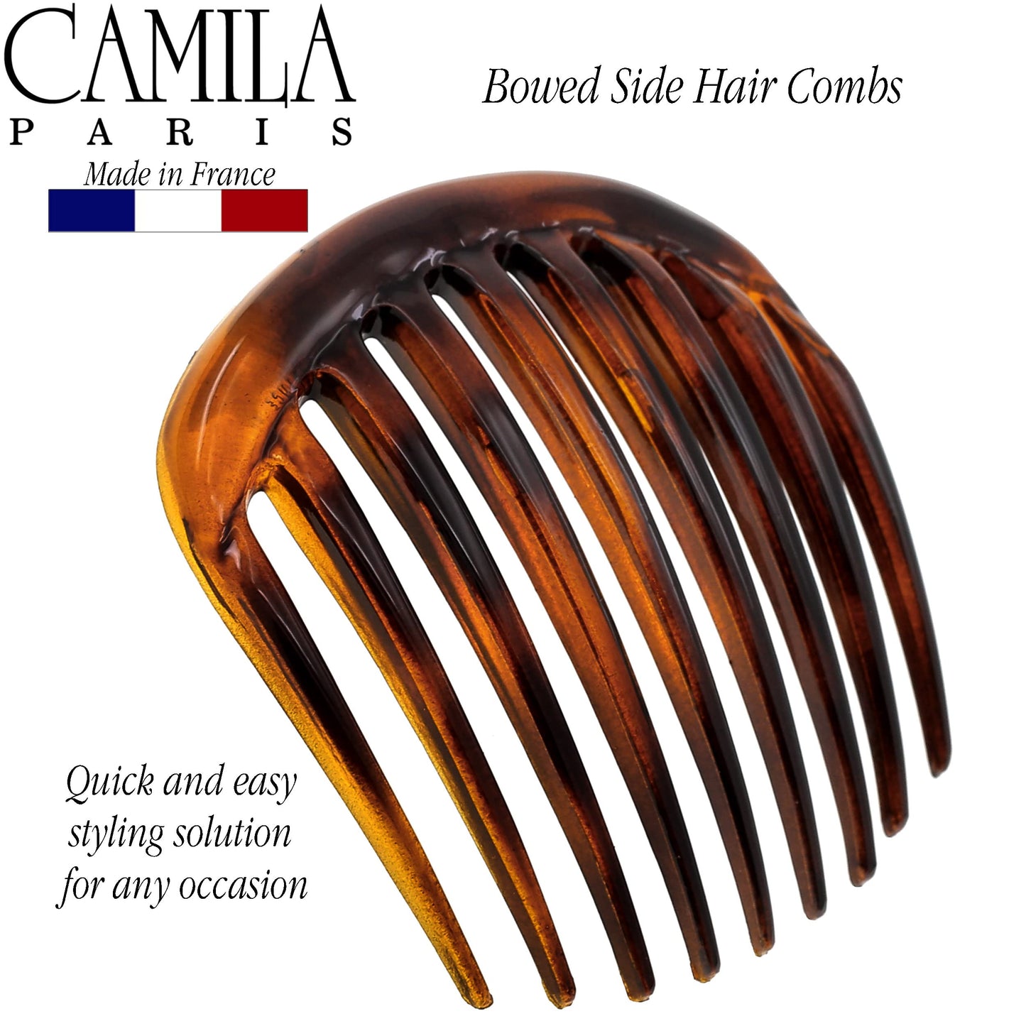 Camila Paris CP2431 French Hair Side Comb Small Rounded Tortoise Shell, French Twist Hair Combs, Strong Hold Hair Clips for Women Bun Chignon, No Slip Styling Girls Hair Accessories Made in France