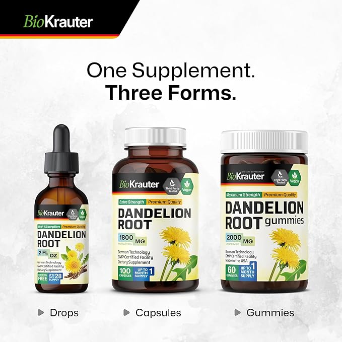 BIO KRAUTER Dandelion Root Extract - Alcohol & Sugar Free Dandelion Tinture - Vegan Supplement for Cleansing & Immunity - 2 Fl. Oz - 28 Days of Supply