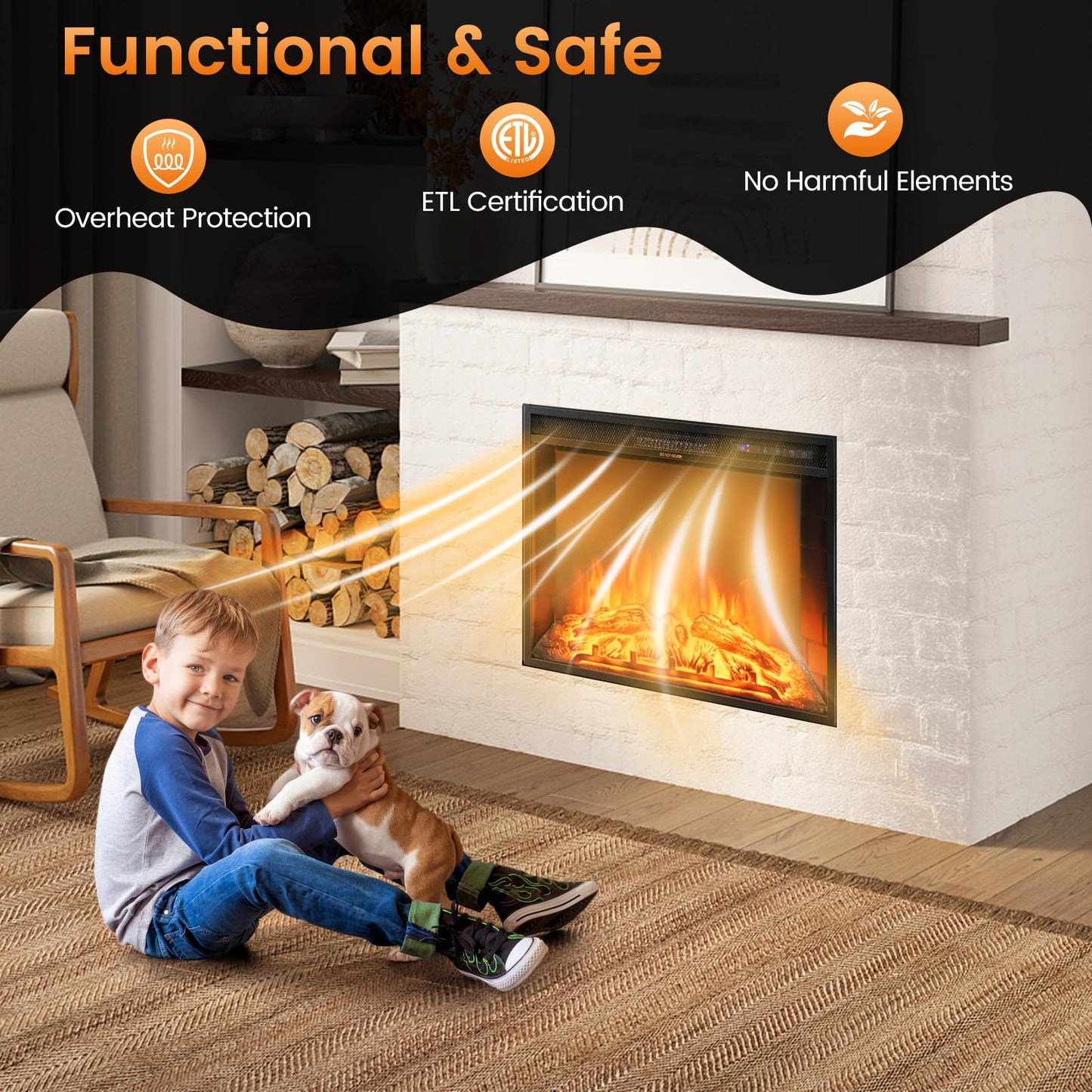 COSTWAY Electric Fireplace Insert 26-inch Wide, 5,000 BTU Recessed and Freestanding Fireplace Heater with Remote Control, 3 Flame Colors, 6 Brightness, 6H Timer, Fireplace for Indoor Use, 750/1500W