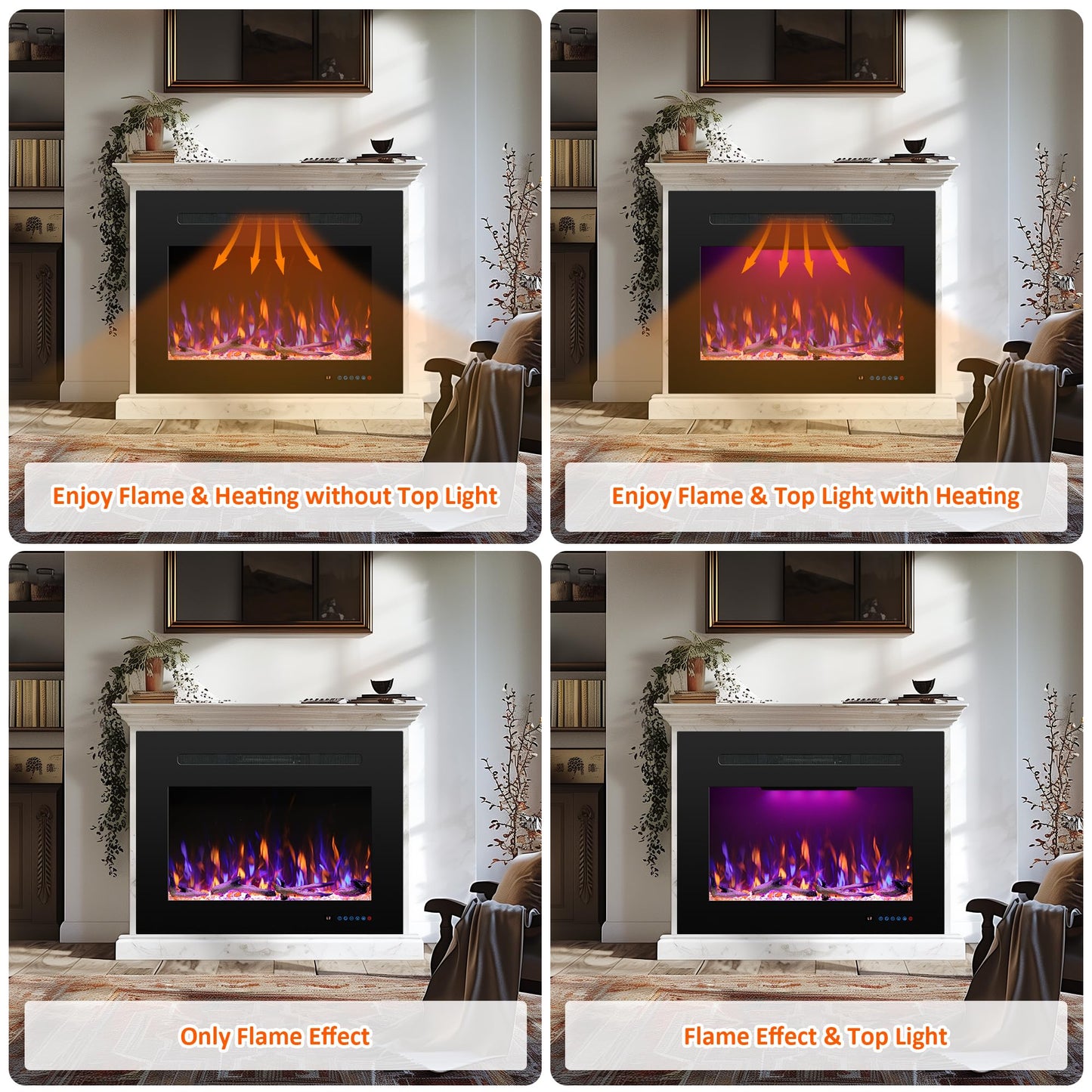 Rodalflame Electric Fireplace Inserts with 3 Flame & Top Light, Recessed Fireplace Heater, Thermostat, 750/1500W, Crackling Sound, Logs & Crystals, Timer, 32.2" W x 26" H Rear, No Wall Mount