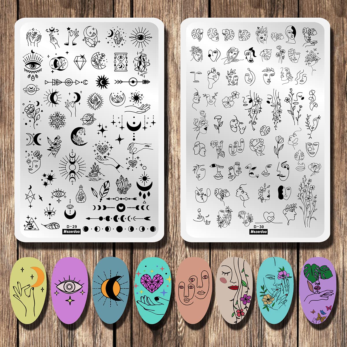 2Pcs Large Abstract Face Galaxy Nail Stamping Plates Line Girl Face Pictures Stencil Moon Star Space Nail Picture Design Stamp T
