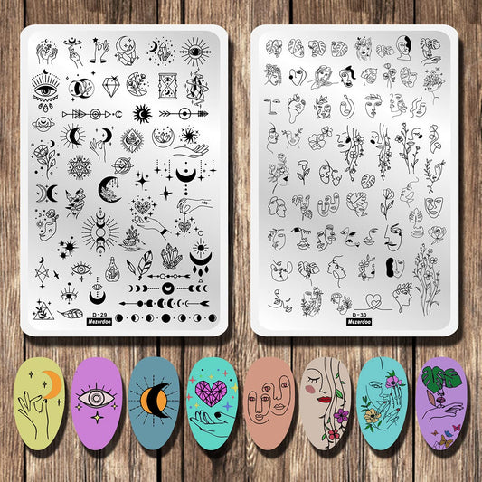 2Pcs Large Abstract Face Galaxy Nail Stamping Plates Line Girl Face Pictures Stencil Moon Star Space Nail Picture Design Stamp T