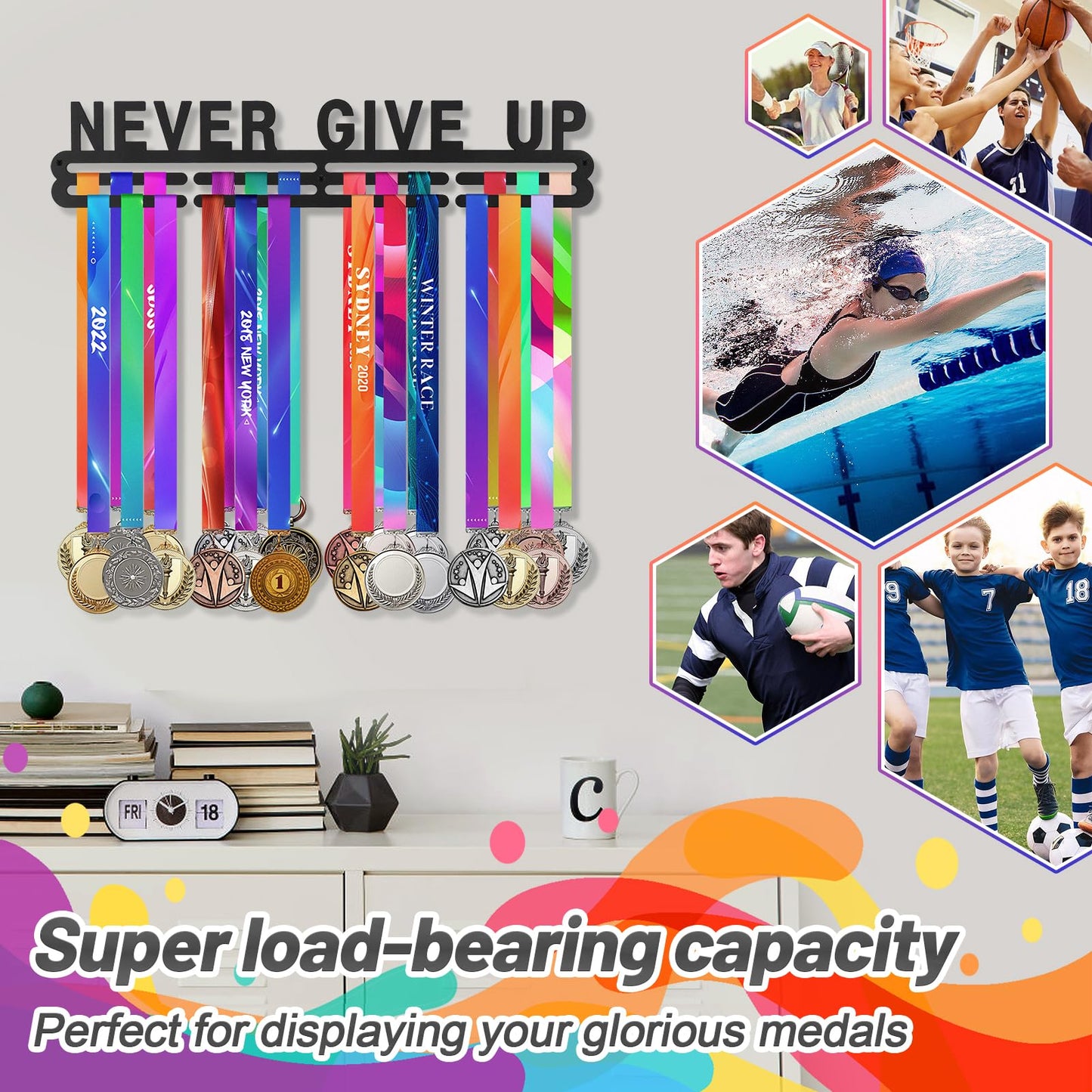 Biggun Medal Display Hanger- Easy to Install Sports Medal Holder, Sturdy Rack Shelf for Over 40 Running Race Wrestling Medals
