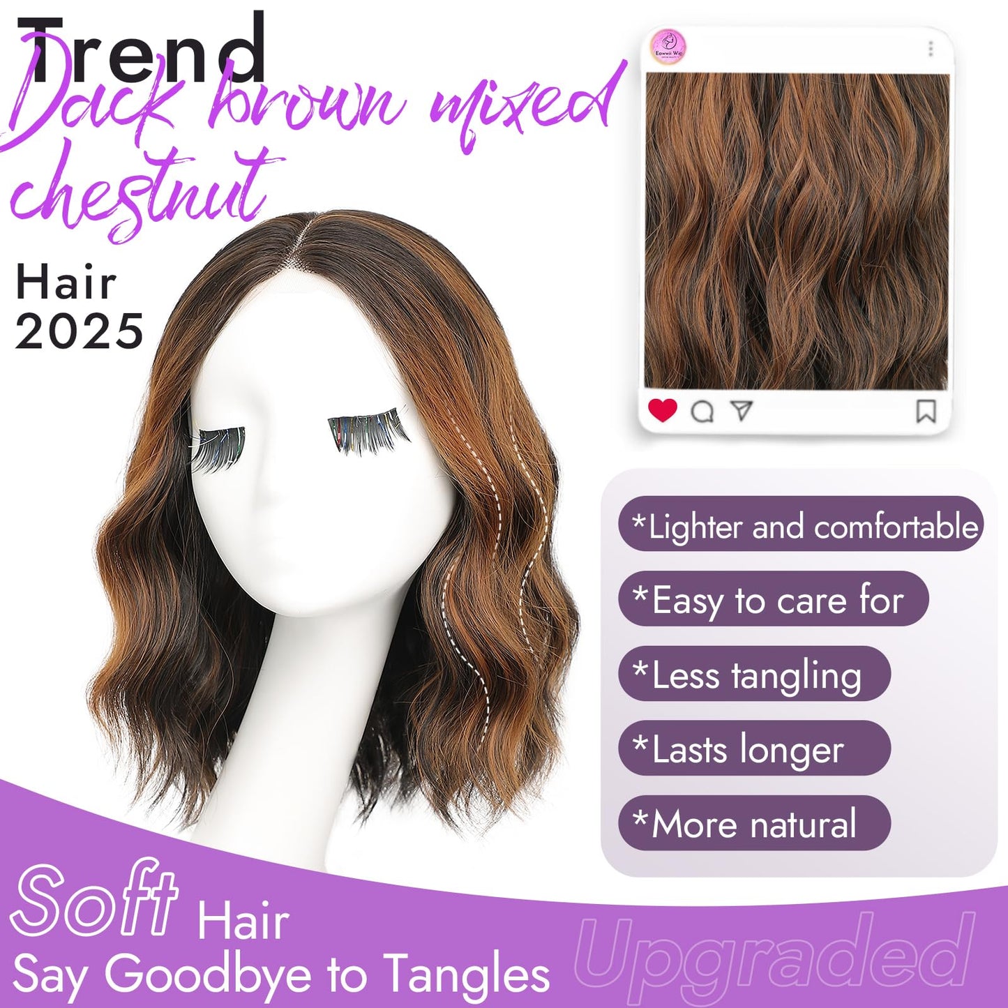 Eawwii Dark Brown Mixed Chestnut Short Wavy Wig for Women Lace Hairline Bob Style Synthetic Heat Resistant - Natural Appearance for Everyday Hairstyle 14 Inch