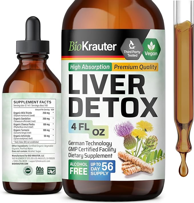 BIO KRAUTER Liver Detox Liquid - Liver Cleanse Detox Liquid Drops - Milk Thistle, Chanca Piedra, Turmeric, Dandelion, Artichoke - Vegan Drops 4 Fl. Oz.