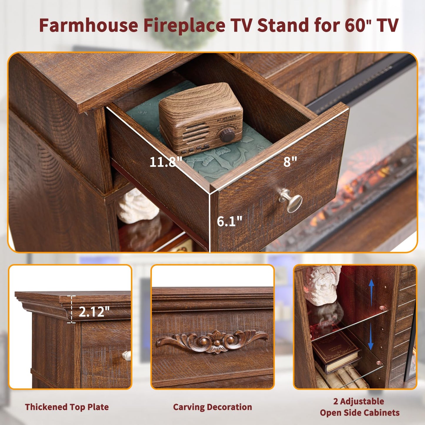 IFBUY 54" Farmhouse Electric Fireplace TV Stand for 60 Inch TV, 33" Tall LED Entertainment Center w/7 Color, Open Adjustable Shelves & Drawers, 23'' Fireplace Insert Heater for Living Room, Brown