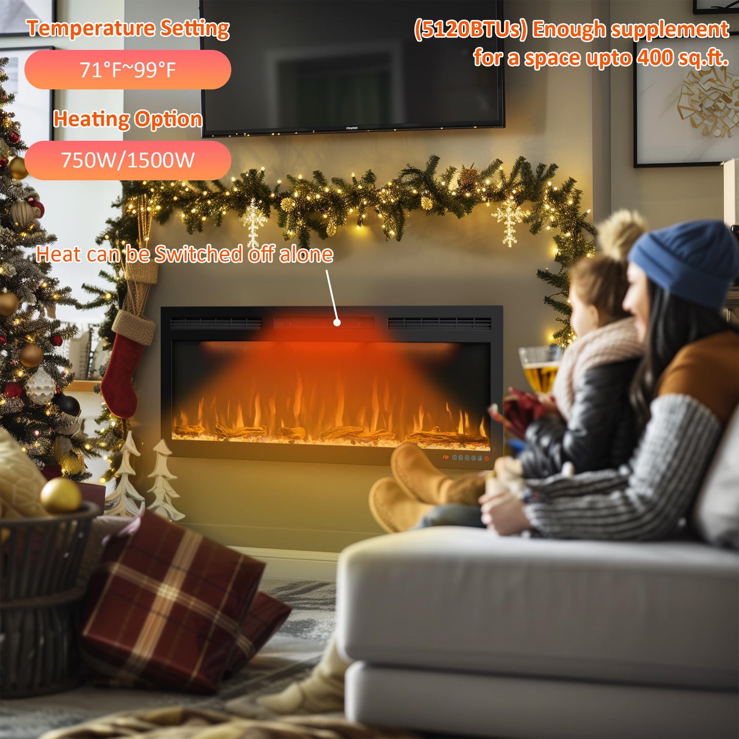 60 inches Electric Fireplace, Recessed and Wall Mounted Fireplace Heater and Linear Fireplace Inserts, with Timer, Remote Control, Adjustable Flame & Light Colors, 750W/1500W, Black