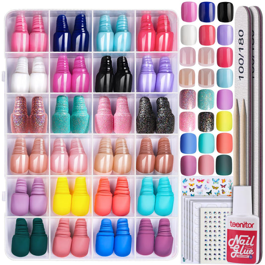 Teenitor 24Pack Short Press On Nails, 576Pcs Short Square Press On Nails, Short Matte Nails, Short Glossy Nails, Short Glitter Nails, Short French Nails, 12 Sizes Short Fake Nails With Nail Glue