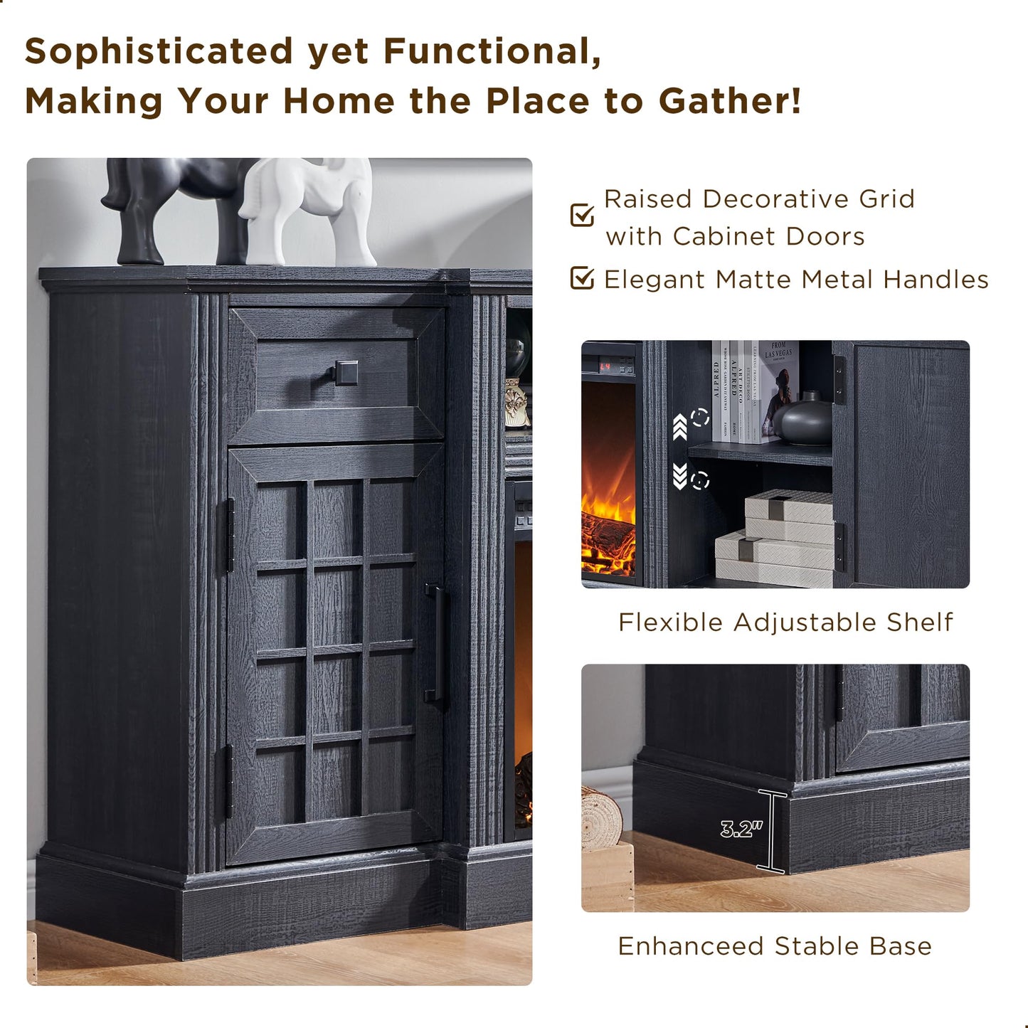 JXQTLINGMU TV Stand with Fireplace for up-to-80 TV, Farmhouse 70" Entertainment Center with 36" Electric Fireplace, TV Console with Grid-Door Cabinets & Drawers for Living Room, Black