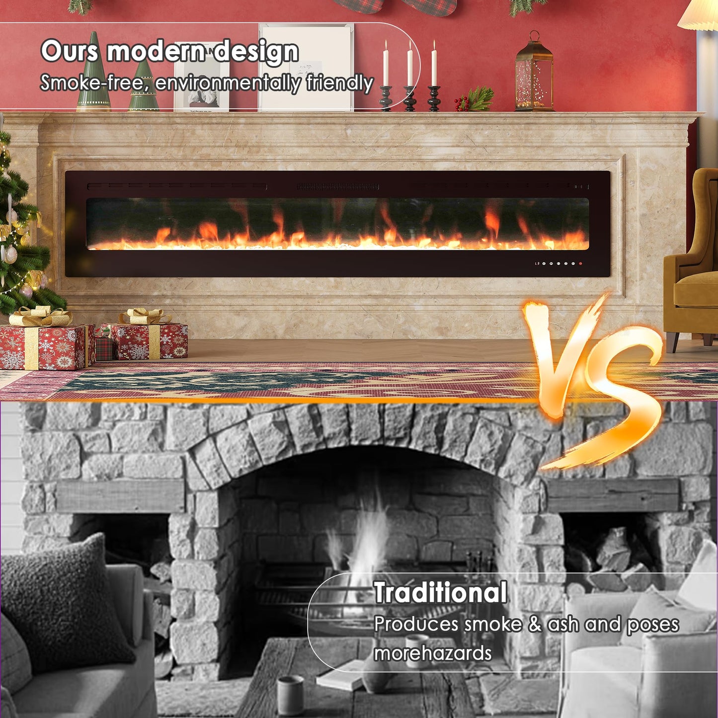 HOMTHING 80" Electric Fireplace Wall Mounted & Recessed, 750W/1500W Adjustable Heater with Remote & Touch Control, 8H Timer, Quiet Operation Electric Fire Place for Living Room Bedroom (Black)