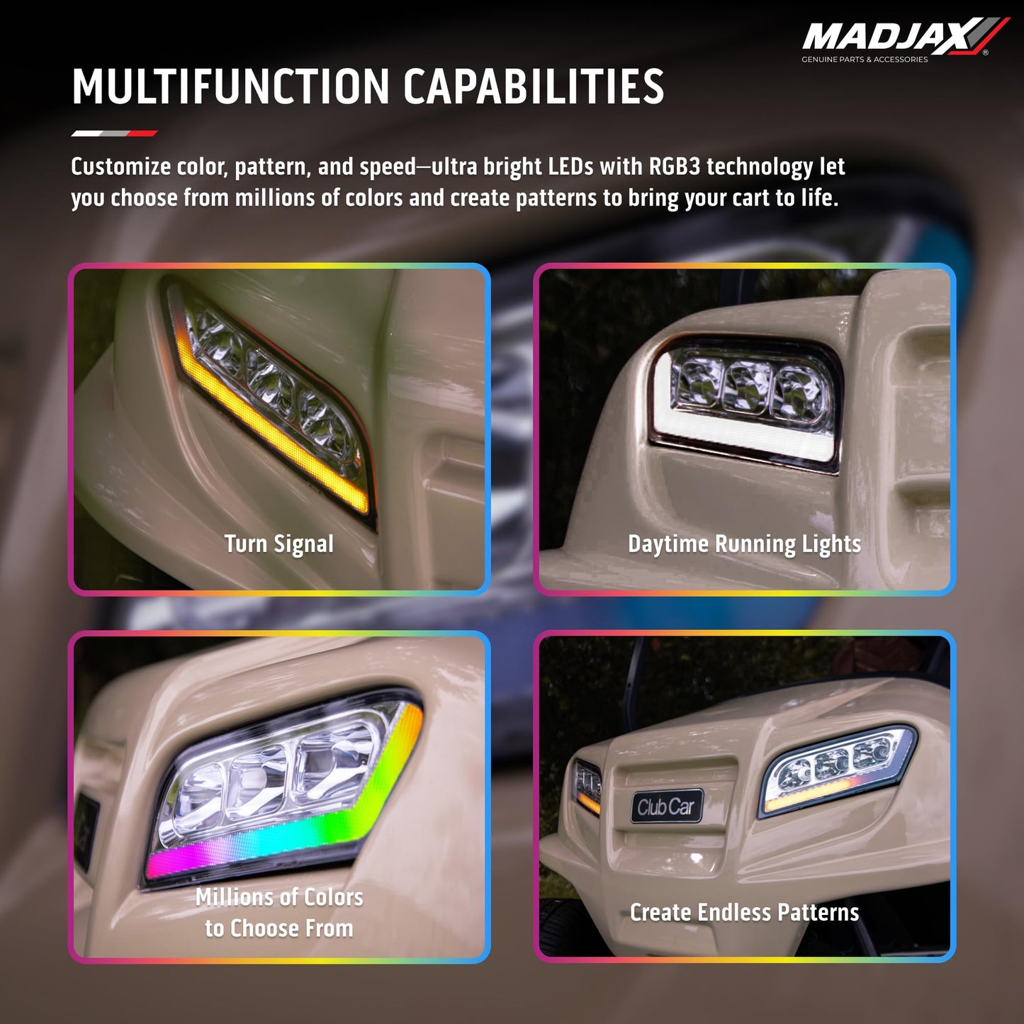 MADJAX LUX LT Golf Cart LED Headlight Kit Compatible with Club Car Onward Models | Fits 2017-Up Models | RGB LED Golf Cart Lights