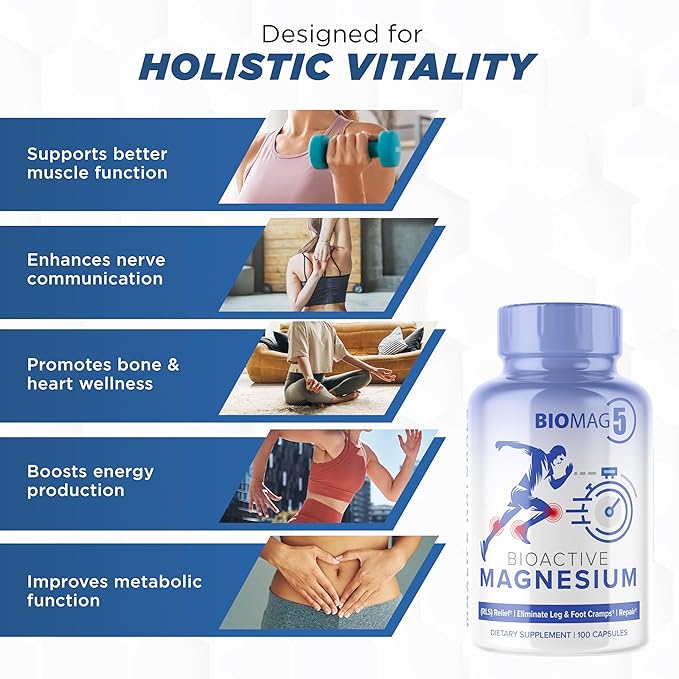 BioMag 5 Magnesium Supplement – 5 Magnesium Complex Formula with Glycinate, Malate, Bisglycinate Chelate, Orotate, Citrate – 100 Capsules