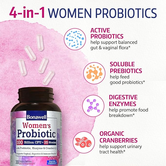 Bonawell Probiotics for Women 100B, with Prebiotics, Digestive Enzymes & Organic Cranberry for Female Vaginal Health, Digestion & Immunity, Shelf-Stable, Delayed-Release, 30 Veggie Caps