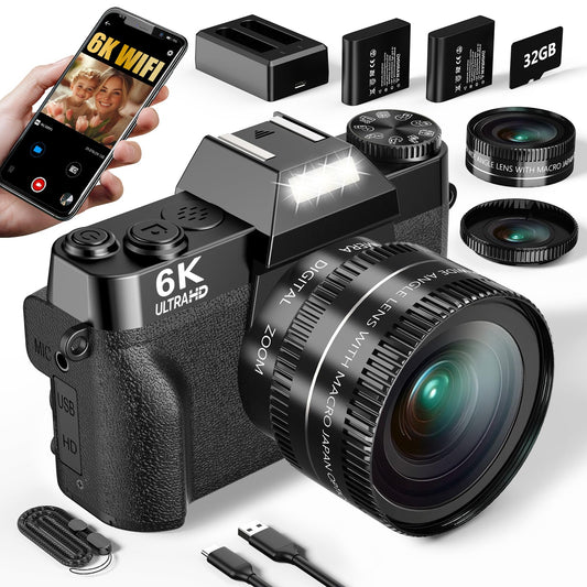 6K Digital Camera for Photography, 64MP Vlogging Camera for YouTube with 3" 180° Flip Screen, 16X Zoom Autofocus Compact Travel Beauty Cameras for Teens, with 32GB Micro SD Card