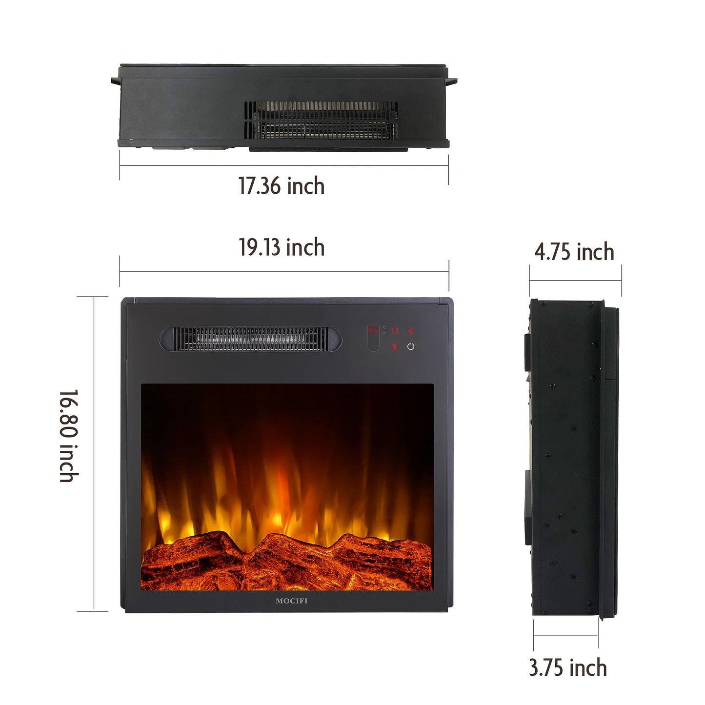 MOCIFI 18 inch Built-in Electric Fireplace Insert Heater, Recessed Freestanding Fireplace, Remote Control, Touch Screen, Adjustable Flame Brightness Speed, Low Noise, 1000W, Black
