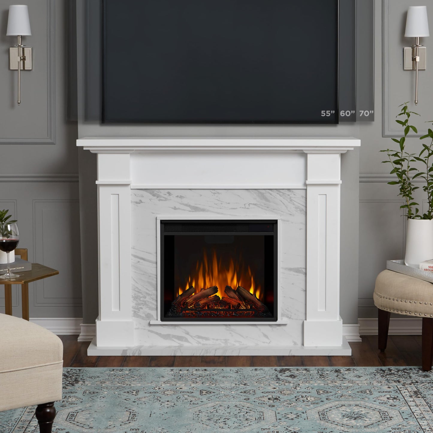 Real Flame Kipling 54" Electric Fireplace with Mantel for Living Room or Bedroom, Replaceable Fireplace Insert Heater, Realistic Log and Flame Effect, Remote Control, Timer, White with Faux Marble