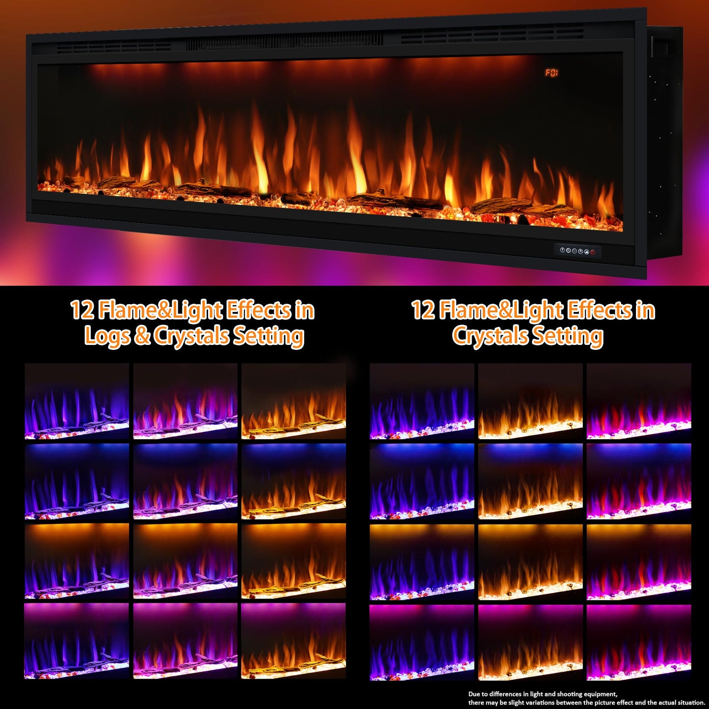 60 inch Smart Linear Electric Fireplace, Recessed and Wall Mounted Fireplace Inserts with Remote Control, Adjustable Flame Color, Lights, Temperature, Overheating Protection& Timer, 750W/1500W, Black