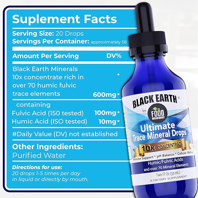 Black Earth Ultimate Trace Minerals 10x Strength, Fulvic Acid & Humic Acid, Non GMO Vegan 2 Ounce Dropper - Ideal Supplement for Athletes