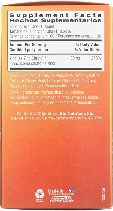 Bio Nutrition Zinc Citrate, 30 mg, 100 Tablets