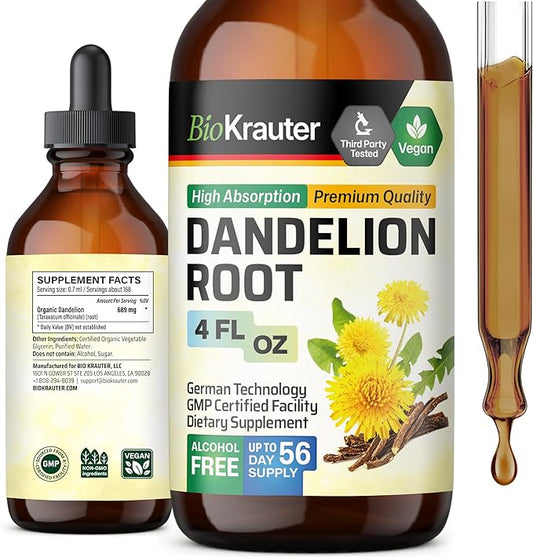 BIO KRAUTER Dandelion Tincture - Pure Dandelion Root Supplement for Liver & Kidney Support - 4 Fl. Oz - 56 Days of Supply - Vegan Extract Liquid Drops Non-GMO, No Fillers, No Sugar & Non-Alcohol