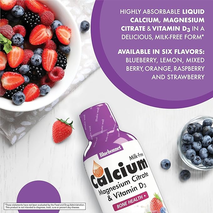 Bluebonnet Nutrition Liquid Calcium Citrate, Magnesium, Vitamin D3, Bone Health, Gluten Free, Soy Free, Milk Free, Kosher, 16 fl oz, 32 Servings, Mixed Berry Flavor