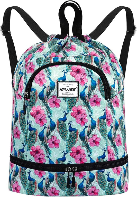 Dry Wet Drawstring Backpack with Shoe Compartment for Women Adjustable Gym Bag