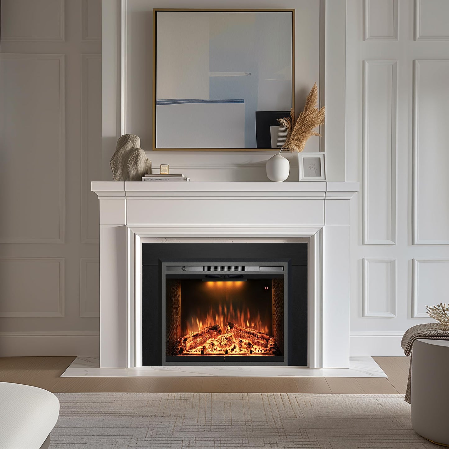 Velaychimny 42" Electric Fireplace Insert with Metal Trim Kit, Adjustable Flame, Fire Crackling Sound, Top Light Colors, Timer, Glass Door & Mesh Screen, Black