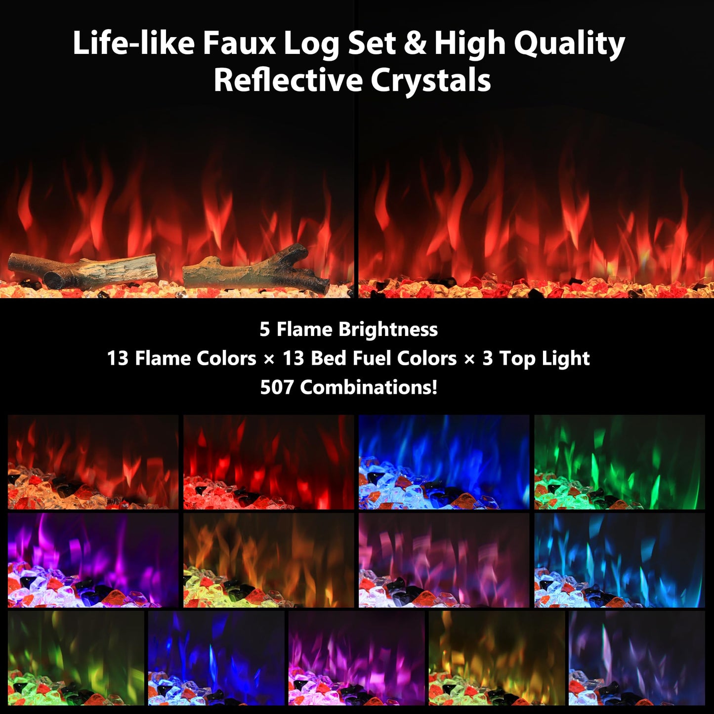 Masarflame 36" WiFi Electric Fireplace, 3-Sided Glass Fireplace Heater with Timer & Thermostat, 13×13 Flame & Fuel Bed Colors with Top Light, Adjustable Sound Volume, Log & Crystals, Work with Alex