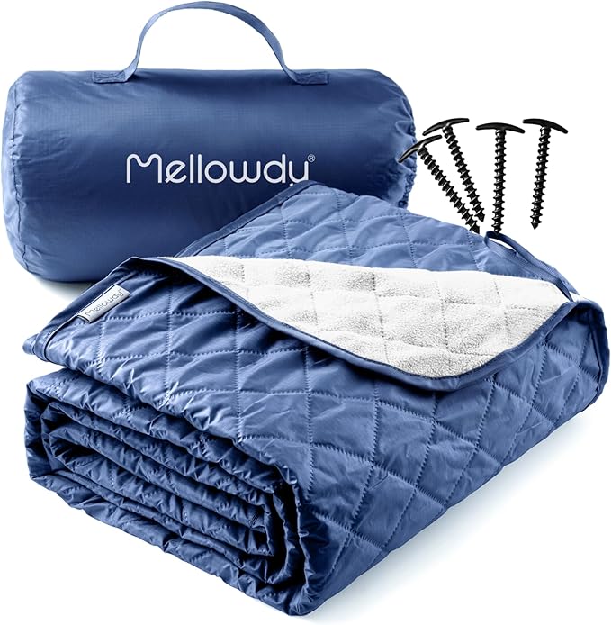 Mellowdy Easy-Carry Outdoor Blanket - Waterproof, Windproof, Warm, Utility Blanket for Camping, Picnic, Stadium, Beach, Gameday, Travel, Foldable with Carrying Bag (Classic Blue,55x80 inch)