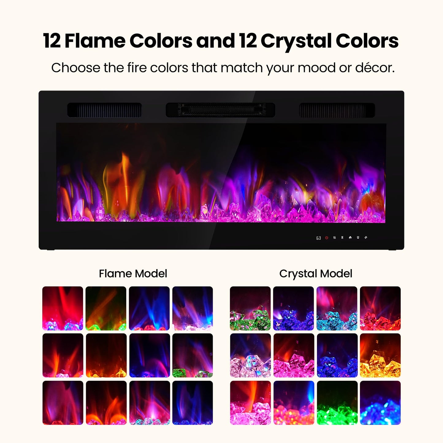 Electric Fireplace Inserts 42 Inch Wide, RealSmart Wall Mounted Fireplace 750W/1500W in-Wall Recessed Heaters with Remote Control, Timer, 12 Adjustable Color Flame & Brightness, Touch Screen